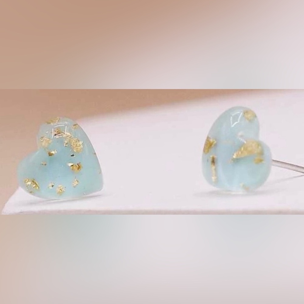 Blue Heart Gold Flake Fleck Glitter Sparkle Resin Dainty Tiny Stud Post Earrings - Picture 11 of 15